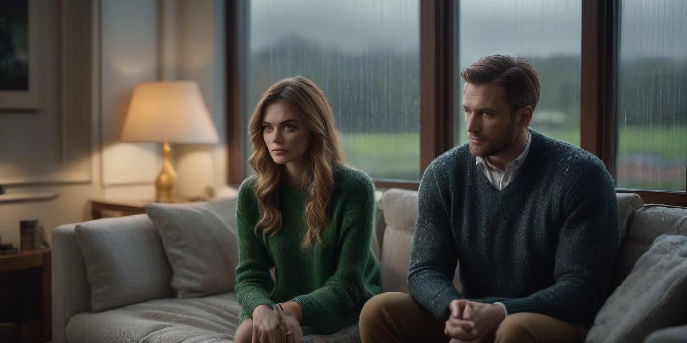  A girl with long hair and green eyes is sitting on a sofa next to a man in a sweater, looking out the window where it's raining. hyperrealistic, full body, detailed clothing, highly detailed, cinematic lighting, stunningly beautiful, intricate, sharp focus, f/1. 8, 85mm, (centered image composition), (professionally color graded), ((bright soft diffused light)), volumetric fog, trending on instagram, trending on tumblr, HDR 4K, 8K