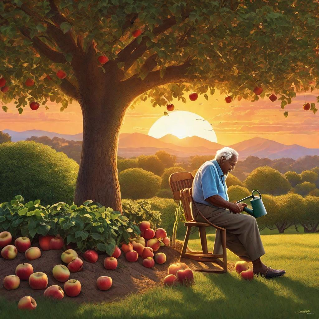  Prompt: Imagine a large and lush tree under the warm, comforting hues of a sunset. The tree's owner, a kind and gentle elderly man with wrinkled hands, is seen tending to it with a watering can and a bag of fertilizer. He looks hopeful and determined, yet there's a hint of disappointment because, despite his efforts, there are no apples on the tree. At a safe distance, a curious young watches this scene with wide, bright eyes. The appears intrigued and in awe of the rigorous care the old man is providing to the tree. The 's pet puppy is by their side, tilting its head cutely as it mirrors the 's curiosity. The scene articulates a feeling of anticipation, diligence, hope, and a subtle twist of mystery. The e hyperrealistic, full body, detailed clothing, highly detailed, cinematic lighting, stunningly beautiful, intricate, sharp focus, f/1. 8, 85mm, (centered image composition), (professionally color graded), ((bright soft diffused light)), volumetric fog, trending on instagram, trending on tumblr, HDR 4K, 8K