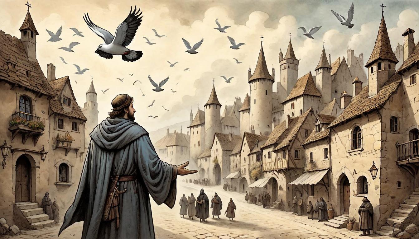  on parchment, surrealism+++, A lone traveler in a cloak of feathers, extending hands that release doves into the sky above a bustling medieval village. Traveler mysterious, doves pure and ascending, village lively, symbolizing liberation, aid.(mysterious, provocative, symbolic,muted color)+++