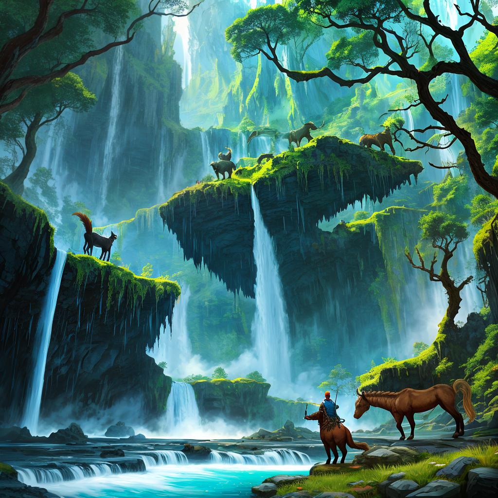  in a fantasy setting, Paint a surreal landscape where mythical beasts roam amidst cascading waterfalls.