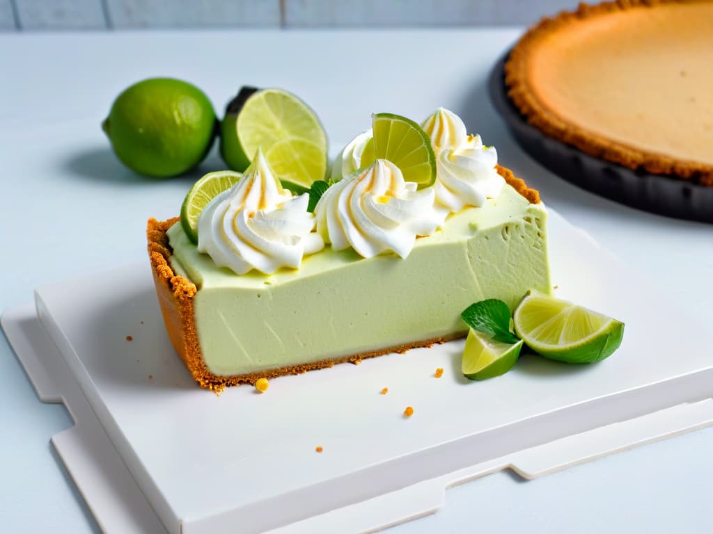  A closeup, ultradetailed image of a perfectly sliced Key Lime Pie with a graham cracker crust, topped with a dollop of whipped cream and a thin lime slice garnish. The pie is sitting on a sleek, modern white plate with a subtle geometric pattern, set against a soft, blurred background to emphasize the minimalistic aesthetic. The vibrant green of the pie filling contrasts beautifully with the white plate, showcasing the dessert's creamy texture and zesty flavor in exquisite detail. hyperrealistic, full body, detailed clothing, highly detailed, cinematic lighting, stunningly beautiful, intricate, sharp focus, f/1. 8, 85mm, (centered image composition), (professionally color graded), ((bright soft diffused light)), volumetric fog, trending on instagram, trending on tumblr, HDR 4K, 8K