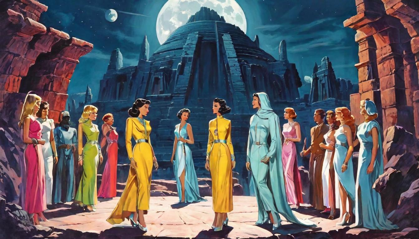  retro futuristic Group of arian humanoids, diverse hair colors, gathered in a half circle, gazing at a rising full moon, ancient ruins in the background, a night of mystic allure lvintage sci fi, 50s and 60s style, atomic age, vibrant, highly detailed