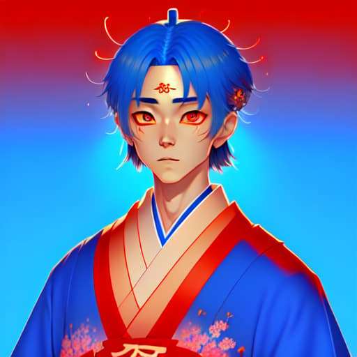 in OliDisco style Japanese manga male. traditional Japanese clothing. narrow eyes. vertical pupils. colored. unique art style. blue and red split color. 3D image of the whole body. c4d. 32k. the best quality.
