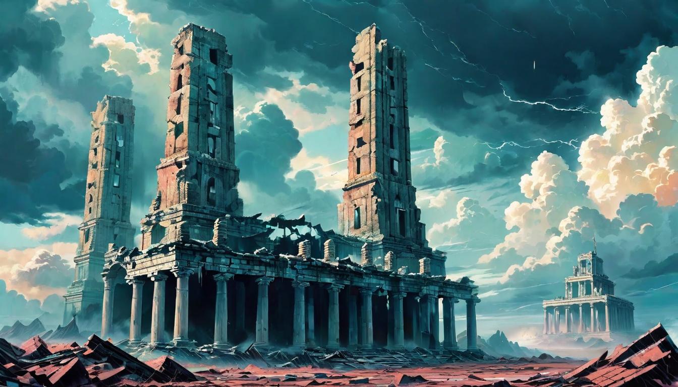  retro futuristic Crumbling pillars against a stormy sky, ruins of a once grand edifice, metaphor for professional failure, decaying grandeur, the beauty in ruin, storm clouds gathering, a new path amidst the wreckage. lvintage sci fi, 50s and 60s style, atomic age, vibrant, highly detailed