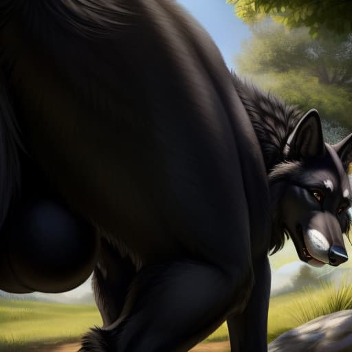  Male wolf, feral wolf, black body, black fur, butt focus, large balls, large sheath, open eyes, digital art, masterpiece, 4k, fine details,