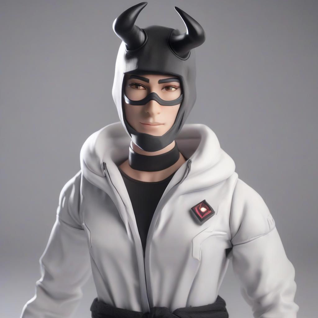  Cartoon character in the roblox style: White and black short hair, Korean hairstyle. Small demonic horns, soft purple neon glow. Balaclava, black hood. Glowing eyes, confident gaze. A soft, malicious smile. A black and gray sinister robe. hd 8k hyperrealistic, full body, detailed clothing, highly detailed, cinematic lighting, stunningly beautiful, intricate, sharp focus, f/1. 8, 85mm, (centered image composition), (professionally color graded), ((bright soft diffused light)), volumetric fog, trending on instagram, trending on tumblr, HDR 4K, 8K