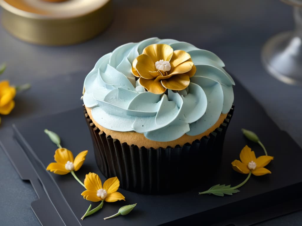  A closeup, ultradetailed photograph of a perfectly piped and intricately designed cupcake, showcasing delicate swirls of pastelcolored frosting topped with an array of meticulously placed edible flowers and shimmering gold leaf accents. The cupcake sits on a sleek, matte black plate, creating a striking contrast that highlights the exquisite craftsmanship and artistry of the dessert. Each petal of the flowers is so finely detailed that every vein and gradient is visible, while the gold leaf catches the light, adding a touch of elegance to the overall composition. hyperrealistic, full body, detailed clothing, highly detailed, cinematic lighting, stunningly beautiful, intricate, sharp focus, f/1. 8, 85mm, (centered image composition), (professionally color graded), ((bright soft diffused light)), volumetric fog, trending on instagram, trending on tumblr, HDR 4K, 8K