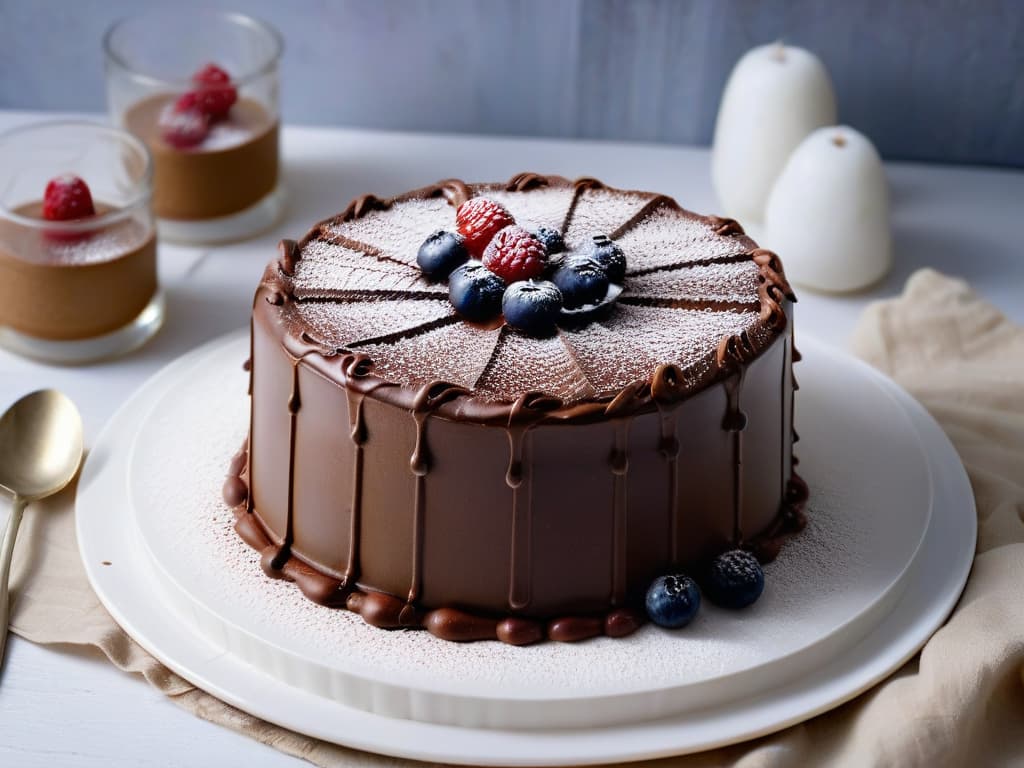  A minimalist, ultradetailed image of a decadent chocolate cake made from leftover chocolate, with rich ganache drizzling down the sides, topped with fresh berries and a dusting of cocoa powder. The cake sits on a sleek, modern white plate against a stark black background, showcasing its glossy texture and intricate details. hyperrealistic, full body, detailed clothing, highly detailed, cinematic lighting, stunningly beautiful, intricate, sharp focus, f/1. 8, 85mm, (centered image composition), (professionally color graded), ((bright soft diffused light)), volumetric fog, trending on instagram, trending on tumblr, HDR 4K, 8K