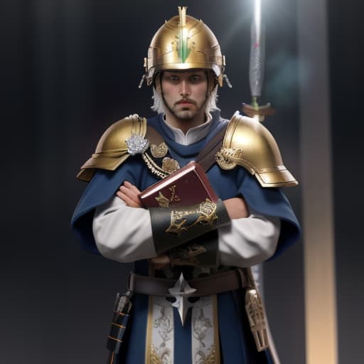  A Christian paladin who wears a roster helmet, the full armor of God, holding a Bible in one hand ,and mighty sword , the sword of Justice, he is praying for Jesus' blessing, the colors are gold, red white and blue, John 3:16 "For God so Love the world that he gave his one and only Son for whom believes in him shall not perish but will have eternal life. , hyperrealistic, high quality, highly detailed, cinematic lighting, intricate, sharp focus, f/1. 8, 85mm, (centered image composition), (professionally color graded), ((bright soft diffused light)), volumetric fog, trending on instagram, HDR 4K, 8K