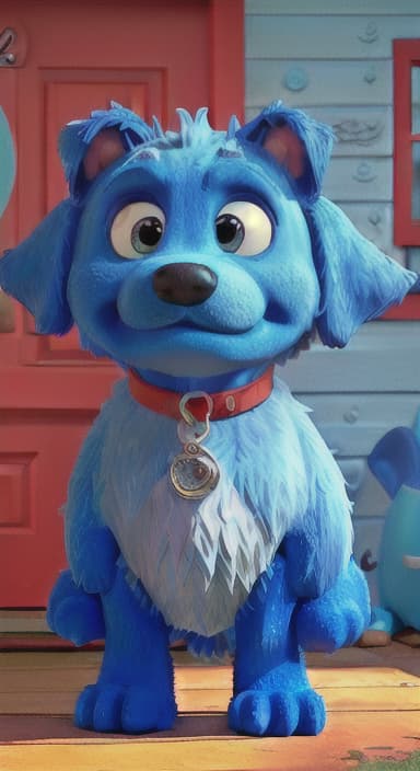  {Max the big blue dog standing in front of a cozy little house with a red door, The big blue dog is large with sky blue fur, big round eyes, a black nose, and floppy ears.