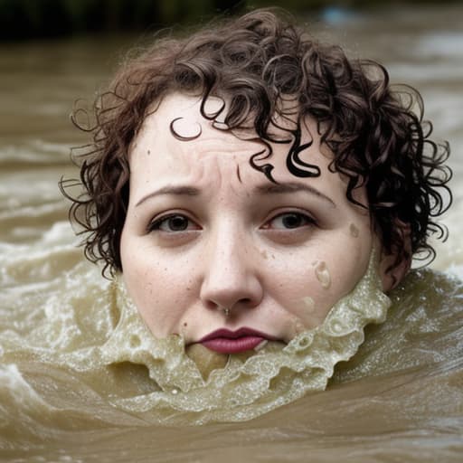  woman's face with short and curly hair drowning in the river