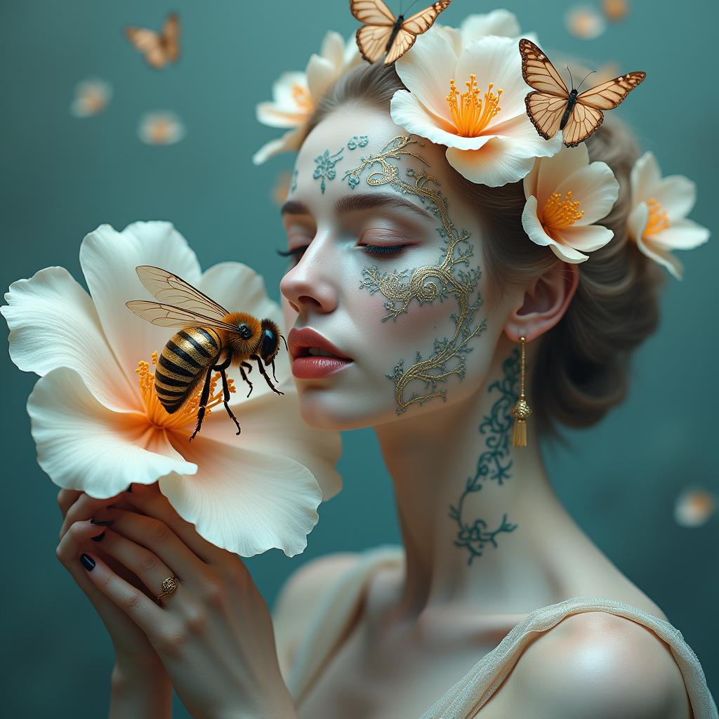  good quality, high quality, create a hyper realistic and photorealistic image that merges the following visual elements: a stunning metallic bee gathering nectar from a delicate flower, intricate face tattoos reminiscent of luxury art with a female figure, and an elegant mermaid walking gracefully, surrounded by butterflies. use soft, glowing ambient lighting, and a muted color palette with soft silvers, deep blues, and pastel tones. incorporate rich textures like silk, marble, and satin in the scene. the overall composition should evoke a sense of serenity, sophistication, and timeless beauty.