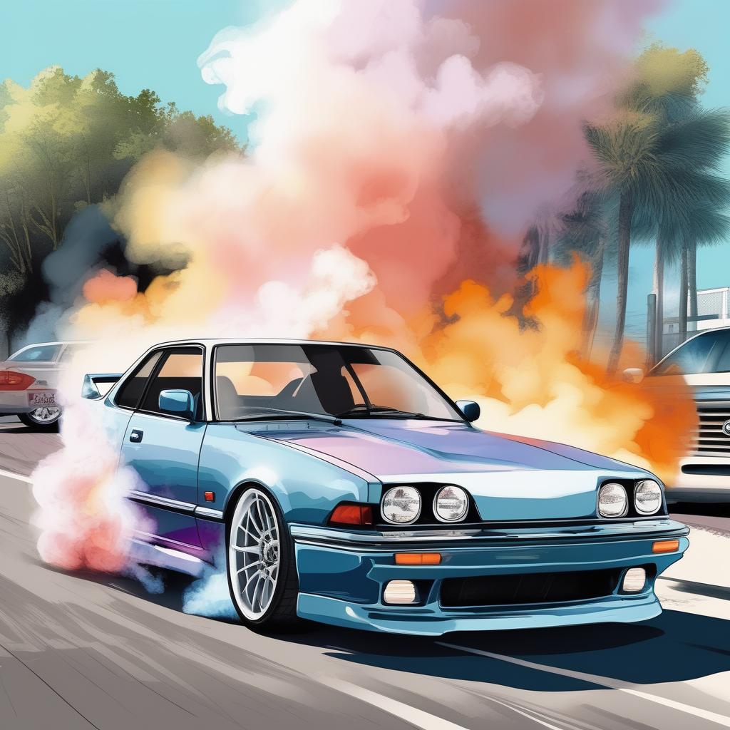  "Vector ilration, pop art, very light pastel colored, watercolor, sketch, cardrifting, smoke, burn, 1 car, tuned JDM car, wide fenders, big rims, slammed, (drifting:1.2), on the road, Tokcity, parking lot, beautiful landscape, car, car, car." hyperrealistic, full body, detailed clothing, highly detailed, cinematic lighting, stunningly beautiful, intricate, sharp focus, f/1. 8, 85mm, (centered image composition), (professionally color graded), ((bright soft diffused light)), volumetric fog, trending on instagram, trending on tumblr, HDR 4K, 8K