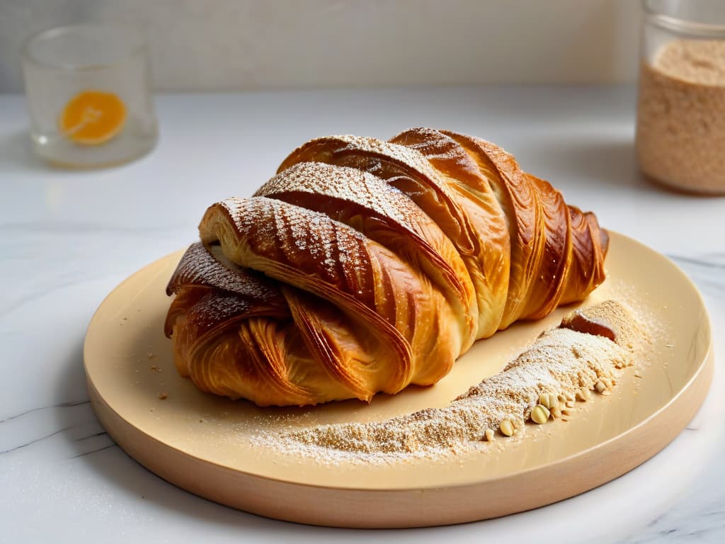  A closeup, ultradetailed image of a perfectly golden vegan croissant, freshly baked and glistening with a light sugar glaze. The croissant is delicately placed on a sleek, modern plate with a few scattered flaxseeds for decoration, set against a clean, white marble countertop. The layers of the croissant are visible, showing a light, airy texture, and the glaze reflects the light beautifully, emphasizing the flakiness of the pastry. hyperrealistic, full body, detailed clothing, highly detailed, cinematic lighting, stunningly beautiful, intricate, sharp focus, f/1. 8, 85mm, (centered image composition), (professionally color graded), ((bright soft diffused light)), volumetric fog, trending on instagram, trending on tumblr, HDR 4K, 8K