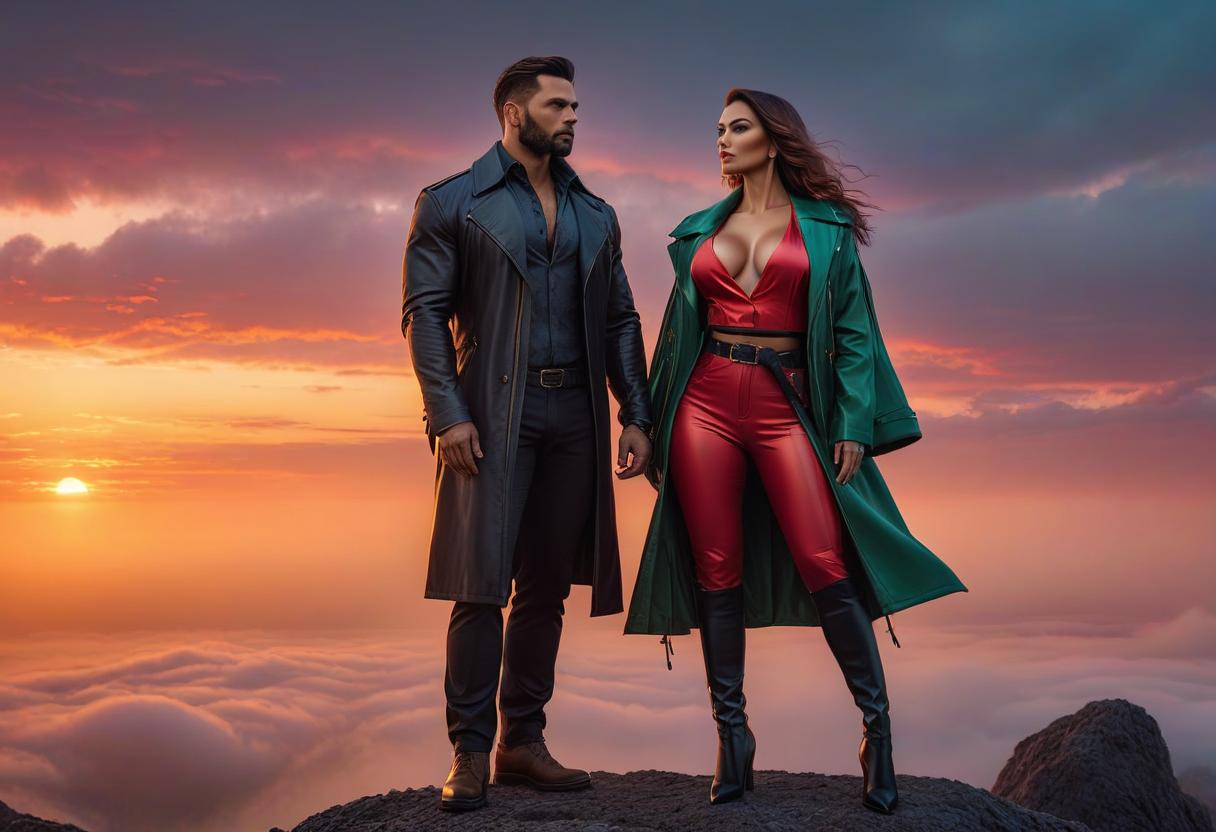  A man and a woman in front of a vibrant sunset. hyperrealistic, full body, detailed clothing, highly detailed, cinematic lighting, stunningly beautiful, intricate, sharp focus, f/1. 8, 85mm, (centered image composition), (professionally color graded), ((bright soft diffused light)), volumetric fog, trending on instagram, trending on tumblr, HDR 4K, 8K