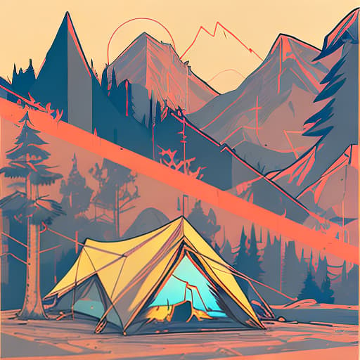 nvinkpunk Whimsical mountains with trees, camping tent and fire