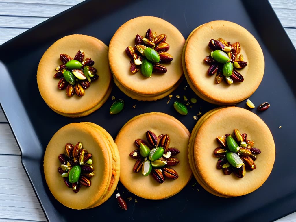  A closeup, ultradetailed shot of a freshly baked batch of Barazek cookies, showcasing the goldenbrown edges with caramelized pistachios and sesame seeds glistening on top. The cookies are arranged on a sleek, matte black plate, emphasizing their crunchy texture and nutty ingredients. The lighting highlights the intricate patterns on the cookies, inviting readers to savor the delicious simplicity of this traditional treat. hyperrealistic, full body, detailed clothing, highly detailed, cinematic lighting, stunningly beautiful, intricate, sharp focus, f/1. 8, 85mm, (centered image composition), (professionally color graded), ((bright soft diffused light)), volumetric fog, trending on instagram, trending on tumblr, HDR 4K, 8K