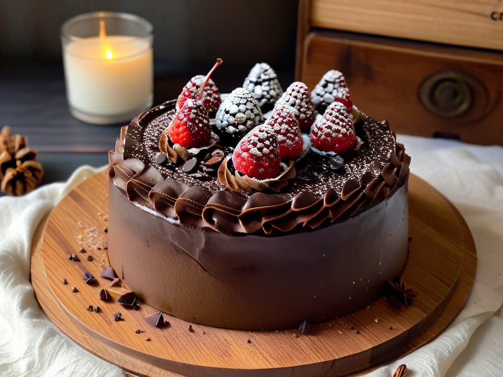  An ultradetailed photorealistic closeup image of a dark chocolate cake topped with a generous sprinkling of cacao nibs. The nibs glisten in the light, showcasing their texture and adding a crunchy, decadent element to the rich cake. The cake is set on a rustic wooden table, surrounded by scattered cacao nibs and a few fresh raspberries, creating a visually appealing and appetizing composition that perfectly complements the article's theme of incorporating cacao nibs into chocolate recipes. hyperrealistic, full body, detailed clothing, highly detailed, cinematic lighting, stunningly beautiful, intricate, sharp focus, f/1. 8, 85mm, (centered image composition), (professionally color graded), ((bright soft diffused light)), volumetric fog, trending on instagram, trending on tumblr, HDR 4K, 8K