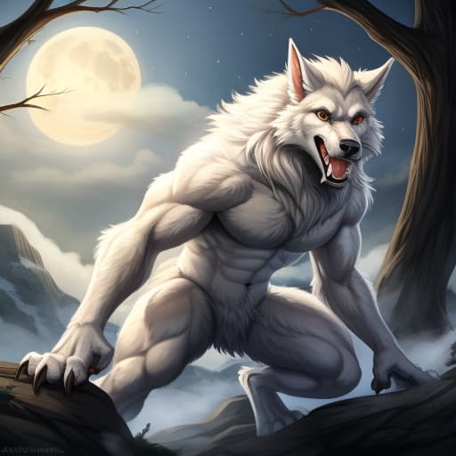  masterpiece, 1:2, werewolf , drawn in full growth, claws, feet claws, fangs, , s, white fur, open eyes, digital art, masterpiece, 4k, fine details,