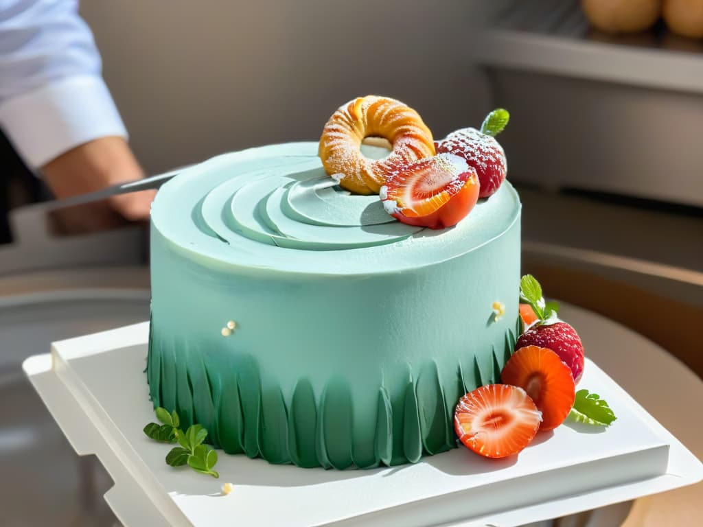  A closeup, ultradetailed image of a delicate pastry chef meticulously piping intricate designs onto a beautifully crafted cake, showcasing precision and artistry in international pastry competitions. The focus is on the chef's hands, highlighting the skill and attention to detail required in competitive baking. hyperrealistic, full body, detailed clothing, highly detailed, cinematic lighting, stunningly beautiful, intricate, sharp focus, f/1. 8, 85mm, (centered image composition), (professionally color graded), ((bright soft diffused light)), volumetric fog, trending on instagram, trending on tumblr, HDR 4K, 8K