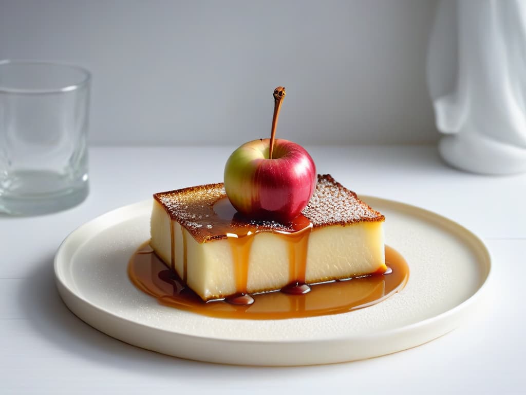  An ultradetailed closeup image of a perfectly caramelized apple slice, showcasing the glossy goldenbrown caramel coating with tiny specks of vanilla bean flecks glistening under a soft, diffused natural light. The apple slice is delicately placed on a sleek, white ceramic plate, emphasizing its caramelization and the intricate details of the vanilla specks, creating a visually appealing and appetizing minimalist composition. hyperrealistic, full body, detailed clothing, highly detailed, cinematic lighting, stunningly beautiful, intricate, sharp focus, f/1. 8, 85mm, (centered image composition), (professionally color graded), ((bright soft diffused light)), volumetric fog, trending on instagram, trending on tumblr, HDR 4K, 8K