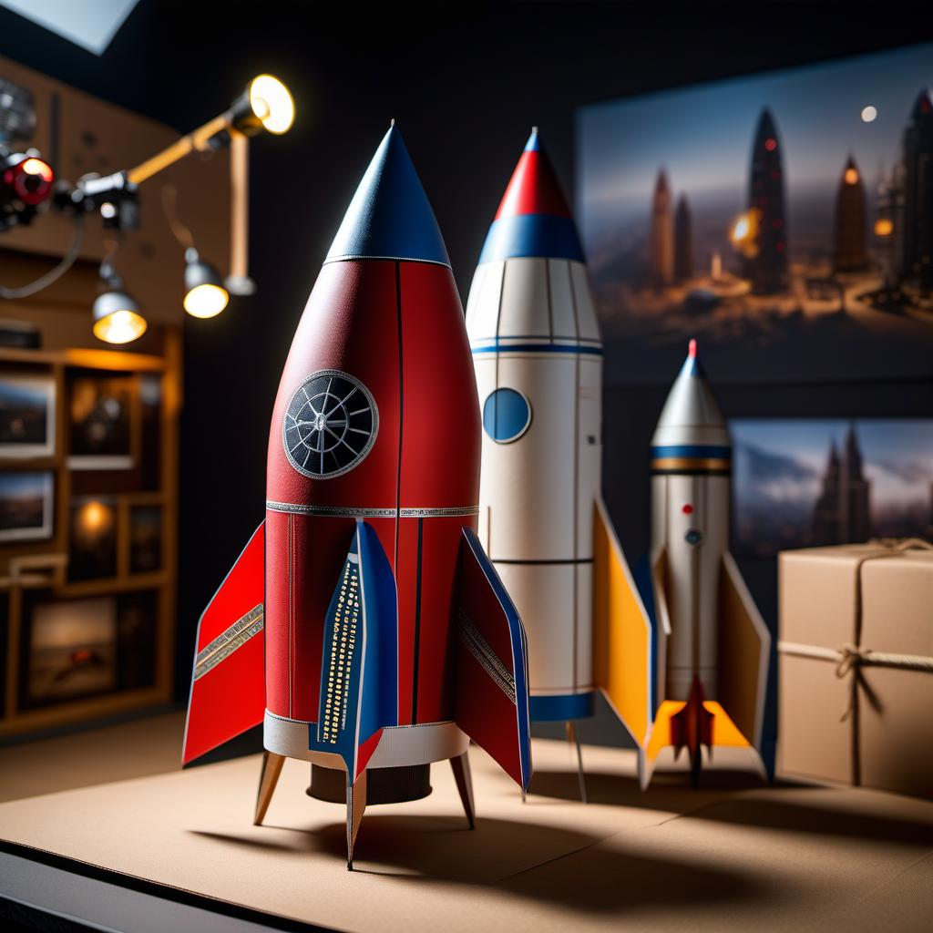  cinematic photo Realistic exhibition of homemade cardboard rockets of small size super realistic . 35mm photograph, film, bokeh, professional, 4k, highly detailed hyperrealistic, full body, detailed clothing, highly detailed, cinematic lighting, stunningly beautiful, intricate, sharp focus, f/1. 8, 85mm, (centered image composition), (professionally color graded), ((bright soft diffused light)), volumetric fog, trending on instagram, trending on tumblr, HDR 4K, 8K