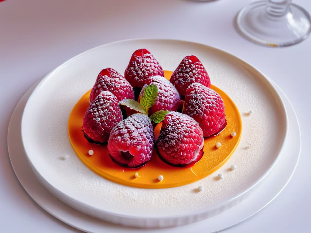  A closeup, ultradetailed image of a vibrant, glossy raspberry geleé delicately placed on a sleek, modern white dessert plate. The bright red hue of the geleé is perfectly set off by the pristine white background, showcasing the smooth, shiny texture of the dessert. Every tiny seed and droplet of the raspberry geleé is crystal clear, inviting the viewer to admire the meticulous craftsmanship and innovative use of gels in pastry art. hyperrealistic, full body, detailed clothing, highly detailed, cinematic lighting, stunningly beautiful, intricate, sharp focus, f/1. 8, 85mm, (centered image composition), (professionally color graded), ((bright soft diffused light)), volumetric fog, trending on instagram, trending on tumblr, HDR 4K, 8K