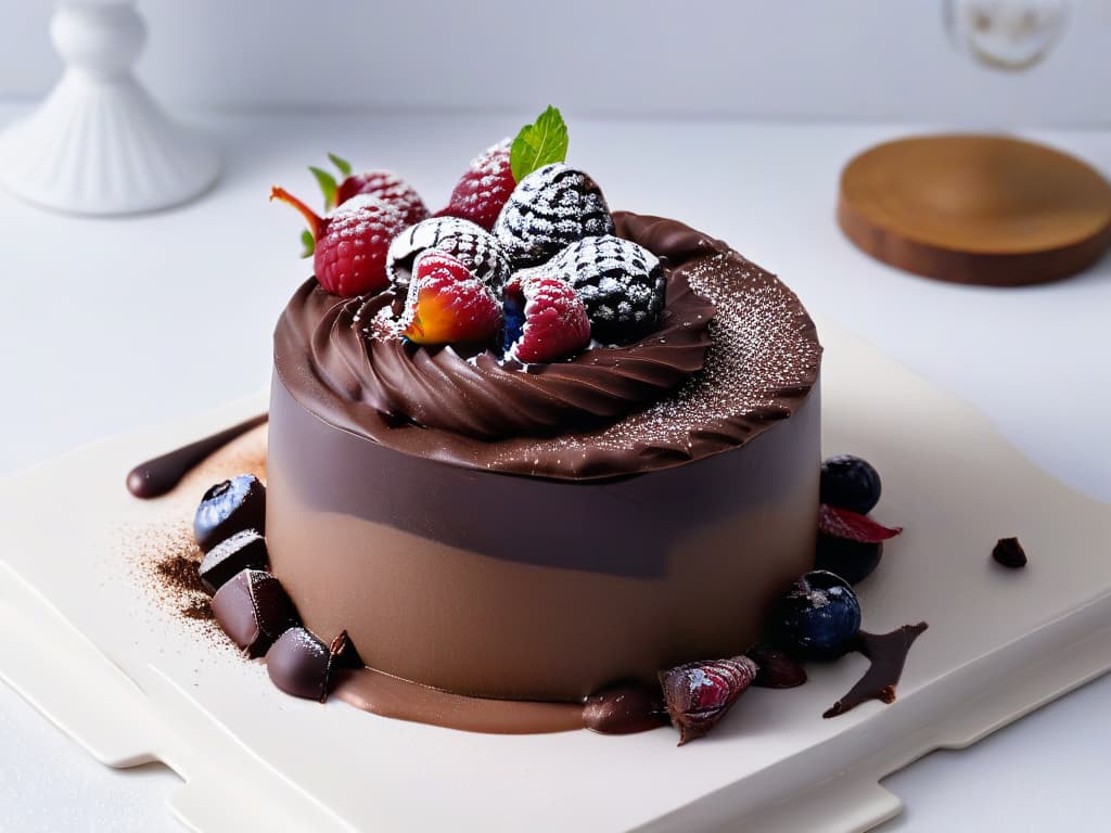  A closeup, ultradetailed image of a luxurious and smooth dark chocolate mousse in a pristine white ceramic bowl, garnished with delicate chocolate shavings and a single fresh raspberry on top. The texture of the mousse appears velvety, with a glossy sheen that reflects the surrounding light, highlighting its decadent nature. The contrast between the rich darkness of the mousse and the bright white bowl creates a visually striking and elegant composition, evoking a sense of indulgence and sophistication. hyperrealistic, full body, detailed clothing, highly detailed, cinematic lighting, stunningly beautiful, intricate, sharp focus, f/1. 8, 85mm, (centered image composition), (professionally color graded), ((bright soft diffused light)), volumetric fog, trending on instagram, trending on tumblr, HDR 4K, 8K