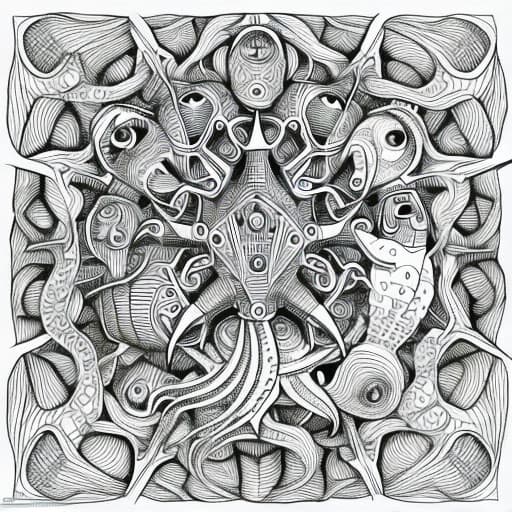  A graphic pen outline sketch in the style of jacek yerka and bosch and escher and hr giger, lots of robotic fish and starfish and octopus for a children's colouring in book ,stable diffusion