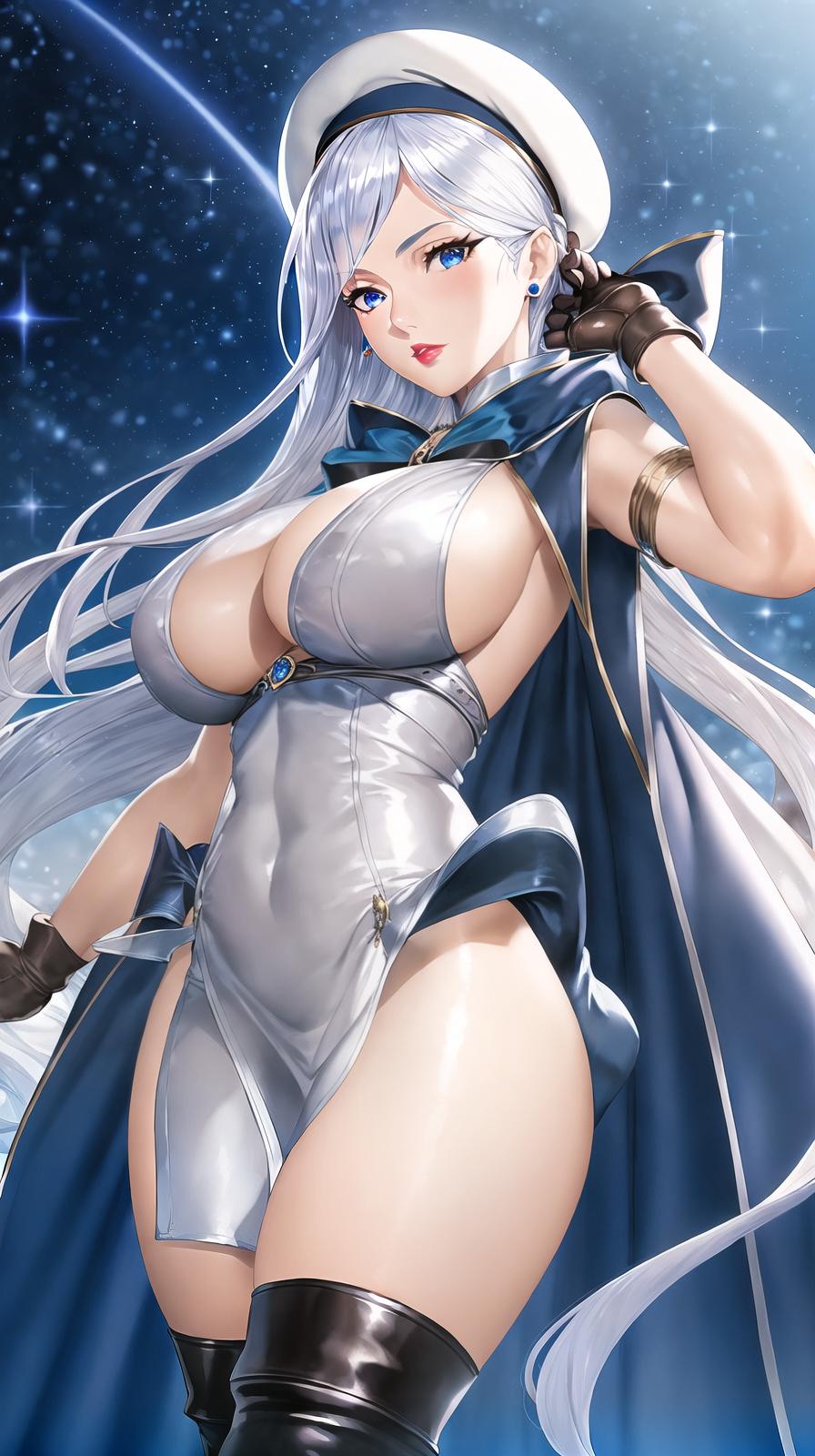  master piece , best quality,Silver blue hair,Beautiful lady, Blue eyes ,id hair,Put on a long cape coat ,Opera gloves, Panniers, Glamour lady,Red glossy lip, lady, sleeveless, Sensual lady , sleeveless sailor suit ,Color leather mini tiered fluffy, beret, ,Knee high boots, Magical , big bow on the 