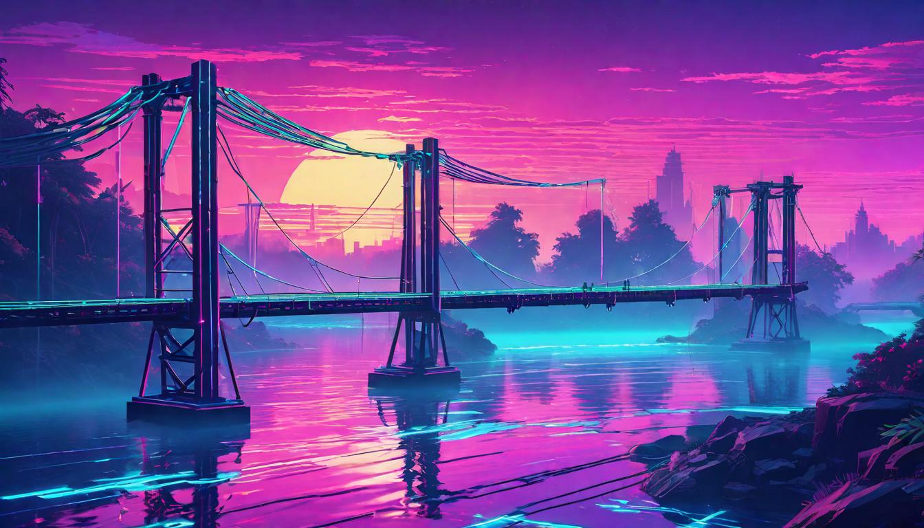  vaporwave,cyberpunk game style A bridge made of ropes and planks over a calm river at dawn, symbolizing the journey towards self expression and emotional exploration. Rope bridge, calm river, dawn, journey of self expression.eon, dystopian, futuristic, digital, vibrant, detailed, high contrast, reminiscent of cyberpunk genre video games,retro aesthetic, cyberpunk, vibrant, neon colors, vintage 80s and 90s style, highly detailed