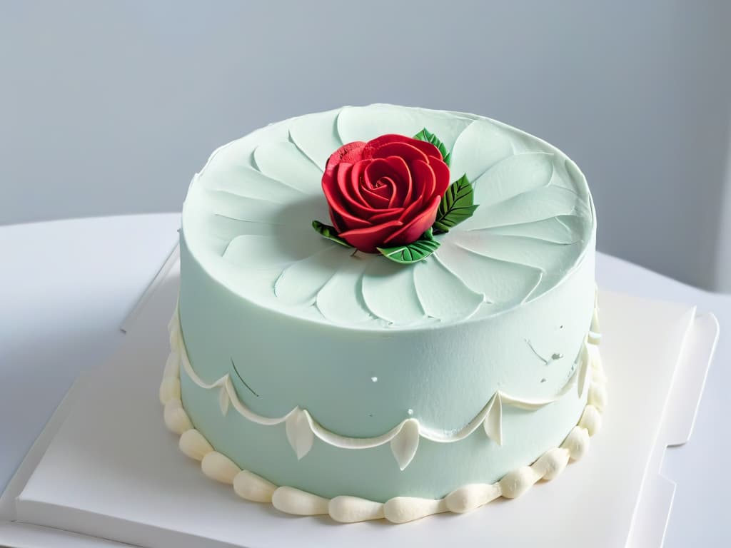  An exquisite closeup image of a perfectly sculpted fondant rose delicately placed on a pristine white wedding cake. The details of the petal layers are so intricately captured that every subtle fold and shadow can be observed, showcasing the artistry and precision required in pastry competitions. The soft natural light gently illuminates the delicate creation, highlighting the craftsmanship and elegance of the edible masterpiece. hyperrealistic, full body, detailed clothing, highly detailed, cinematic lighting, stunningly beautiful, intricate, sharp focus, f/1. 8, 85mm, (centered image composition), (professionally color graded), ((bright soft diffused light)), volumetric fog, trending on instagram, trending on tumblr, HDR 4K, 8K