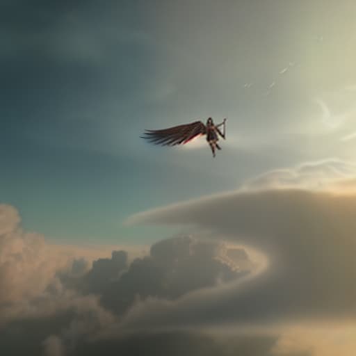 redshift style A woman with wings flying over clouds