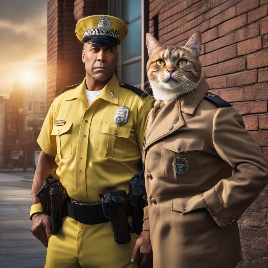  Breathtaking (best quality, masterpiece, detail, 8k) Raw, realistic cinematic photo, Big pumped up cat in a police uniform , police station, sultry yellow eyes, slit pupil, Mesmerizing (Shining aura:1.2), shot from a dynamic angle, (an award winning masterpiece, professional, HDR) hyperrealistic, full body, detailed clothing, highly detailed, cinematic lighting, stunningly beautiful, intricate, sharp focus, f/1. 8, 85mm, (centered image composition), (professionally color graded), ((bright soft diffused light)), volumetric fog, trending on instagram, trending on tumblr, HDR 4K, 8K