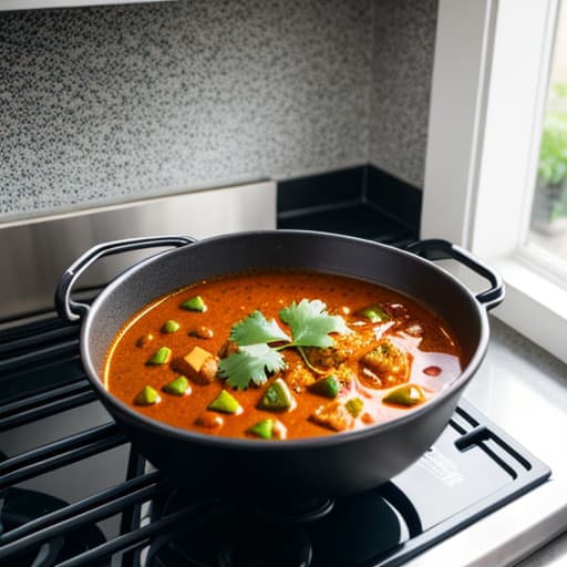  a moderate height vessel containing curry in a kitchen background,