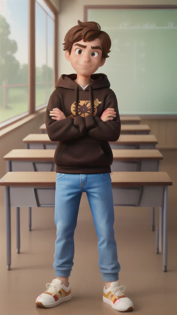  masterpiece, best quality, masterpiece,best quality,full body,exquisite facial features,prefect face,male,solo,student,closed mouth,thinking,light smile,short hair,brown hair,messy hair,hoodie,sneakers,standing,look at viewer,crossed arms,in spring,sun,classroom,disney movie,style of Pixar