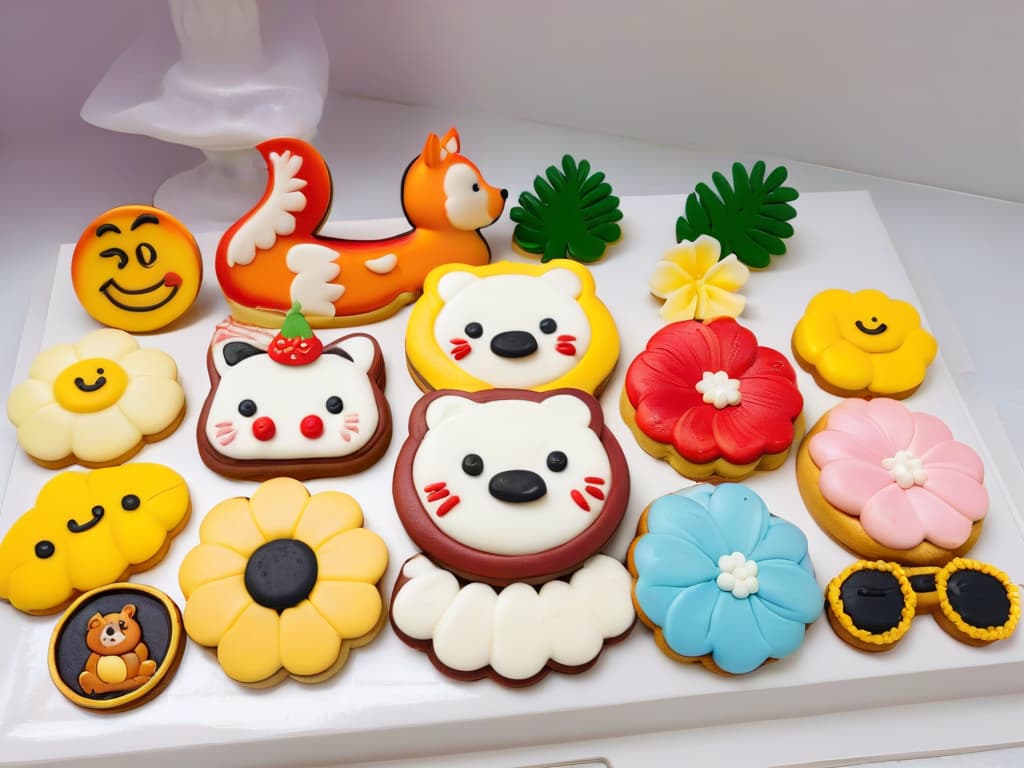  An image of a colorful array of intricately decorated cookies shaped like animals, flowers, and cartoon characters, meticulously detailed with vibrant icing and edible glitter, displayed on a pristine white marble countertop. Each cookie is a miniature work of art, showcasing impeccable craftsmanship and creativity, sure to inspire young bakers and ignite their imagination. hyperrealistic, full body, detailed clothing, highly detailed, cinematic lighting, stunningly beautiful, intricate, sharp focus, f/1. 8, 85mm, (centered image composition), (professionally color graded), ((bright soft diffused light)), volumetric fog, trending on instagram, trending on tumblr, HDR 4K, 8K