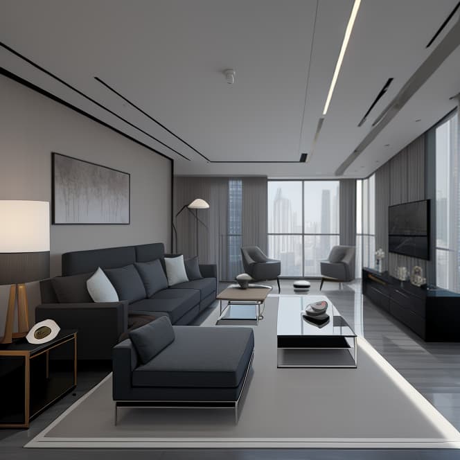  masterpiece, best quality, best quality, masterpiece, 8k resolution, high resolution apartment Living room concept art with floor to ceiling windows and modern furniture