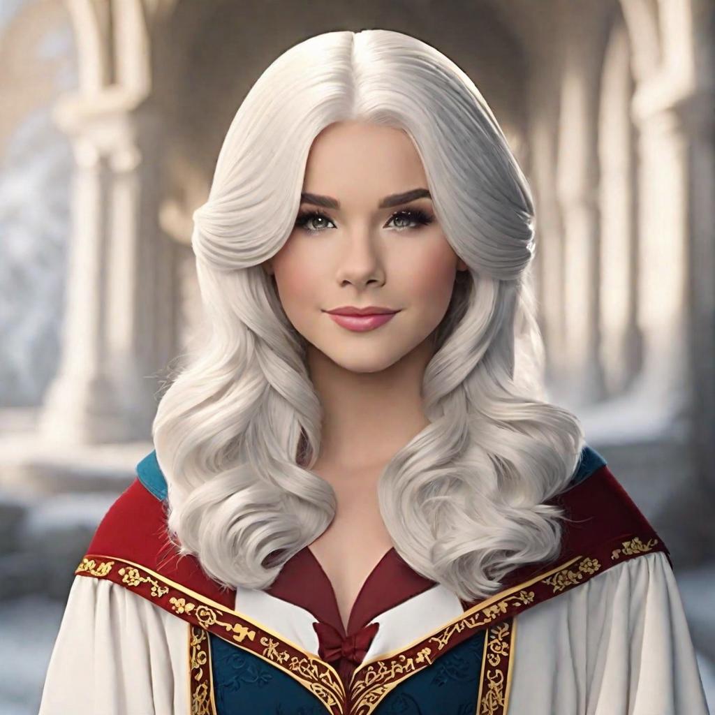  masterpiece, best quality,Hogwarts Robe, Gryffindor House, Beautiful Girl, Lovely, Snow White, White Hair, Long Straight Hair, Golden Eyes