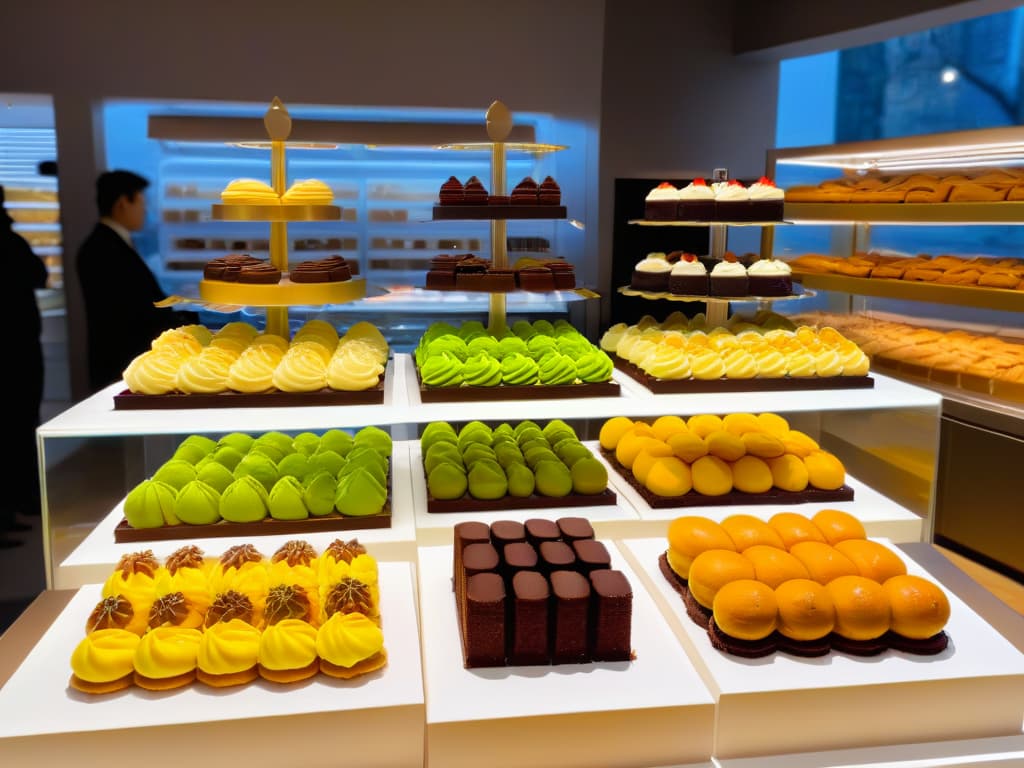  An ultradetailed 8k image of a sleek, modern bakery storefront showcasing a variety of enticing pastries and desserts neatly arranged in minimalist displays. The setting is sophisticated and inviting, with soft ambient lighting highlighting the textures and colors of the baked goods. The scene exudes a global appeal, combining elements from different regions such as French macarons, Italian cannoli, Japanese matcha cakes, and American cupcakes, all presented with elegance and precision. hyperrealistic, full body, detailed clothing, highly detailed, cinematic lighting, stunningly beautiful, intricate, sharp focus, f/1. 8, 85mm, (centered image composition), (professionally color graded), ((bright soft diffused light)), volumetric fog, trending on instagram, trending on tumblr, HDR 4K, 8K