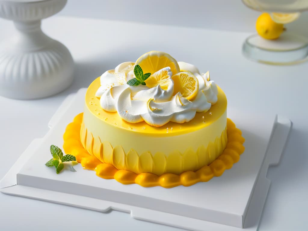  An ultradetailed image of a pristine white plate with a slice of tangy lemon meringue pie resting delicately on it. The pie has a golden brown, perfectly toasted meringue topping that glistens under a soft, natural light. The lemon filling is a bright, refreshing yellow, dotted with specks of lemon zest for added visual appeal. The plate sits on a sleek, modern marble countertop, with a hint of fresh lemon and a sprig of mint as garnish, enhancing the minimalistic yet elegant aesthetic of the image. hyperrealistic, full body, detailed clothing, highly detailed, cinematic lighting, stunningly beautiful, intricate, sharp focus, f/1. 8, 85mm, (centered image composition), (professionally color graded), ((bright soft diffused light)), volumetric fog, trending on instagram, trending on tumblr, HDR 4K, 8K