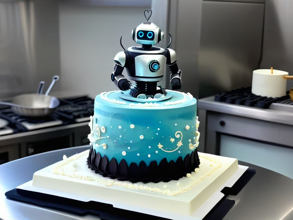  A photorealistic image of a sleek, futuristic robot chef expertly piping intricate designs on a multitiered wedding cake in a modern kitchen studio. The robot's metallic surface reflects the soft glow of overhead lights, showcasing its intricate craftsmanship as it delicately creates edible art on the cake. The scene conveys a sense of precision, innovation, and sophistication, perfectly complementing the theme of robots revolutionizing pastry education. hyperrealistic, full body, detailed clothing, highly detailed, cinematic lighting, stunningly beautiful, intricate, sharp focus, f/1. 8, 85mm, (centered image composition), (professionally color graded), ((bright soft diffused light)), volumetric fog, trending on instagram, trending on tumblr, HDR 4K, 8K