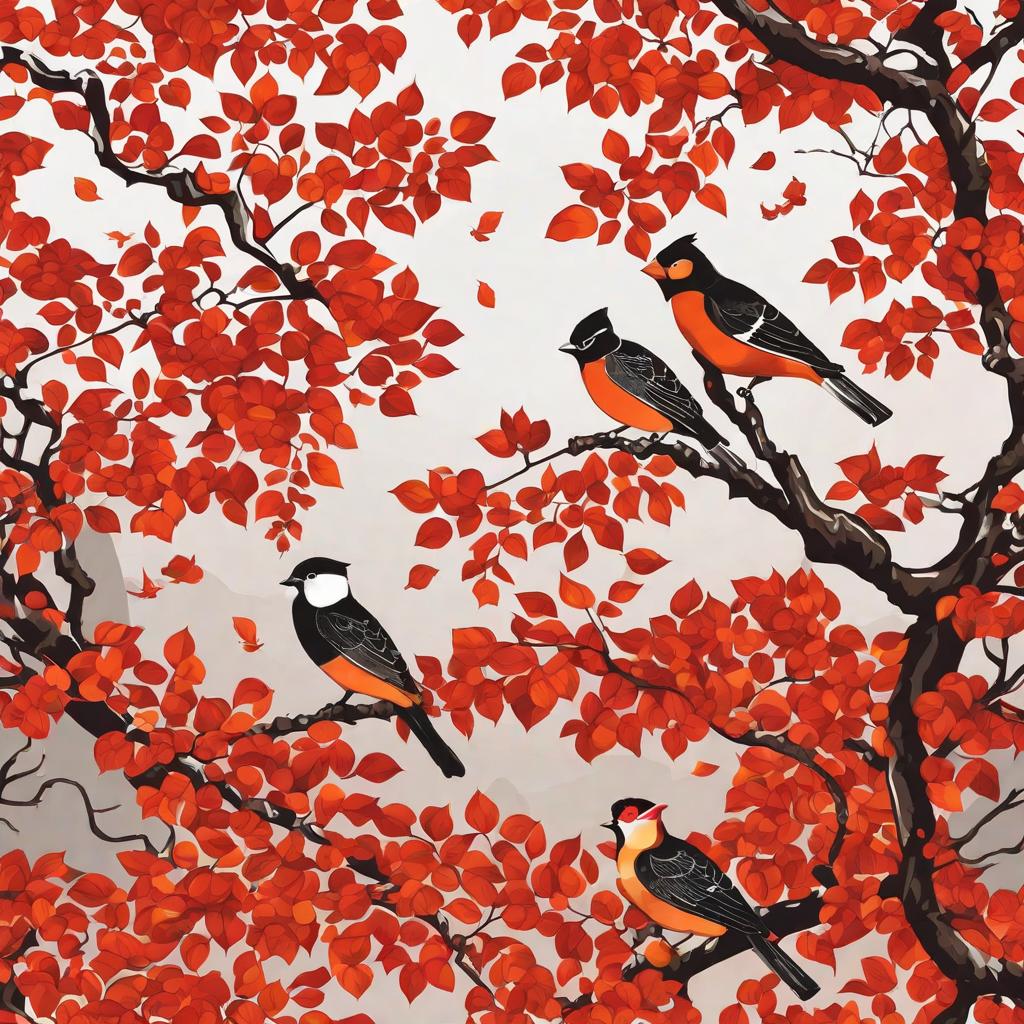  masterpiece, best quality,Painting a picture of the Forbidden City Red wall background Autumn persimmon tree with birds on the branches