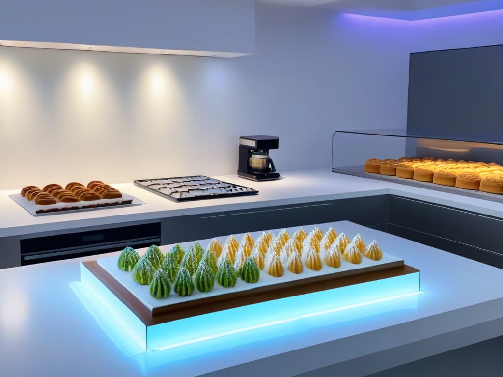  A minimalist, ultradetailed image of a futuristic kitchen showcasing advanced technology integrated seamlessly into the baking process. A sleek, white countertop houses a holographic display projecting intricate dessert designs, while robotic arms delicately craft exquisite pastries. The background features subtle nods to diverse cultural influences, such as traditional baking tools from around the world and digital screens displaying global dessert trends. The overall aesthetic is clean, modern, and forwardthinking, perfectly encapsulating the fusion of culture and technology in the world of competitive baking. hyperrealistic, full body, detailed clothing, highly detailed, cinematic lighting, stunningly beautiful, intricate, sharp focus, f/1. 8, 85mm, (centered image composition), (professionally color graded), ((bright soft diffused light)), volumetric fog, trending on instagram, trending on tumblr, HDR 4K, 8K