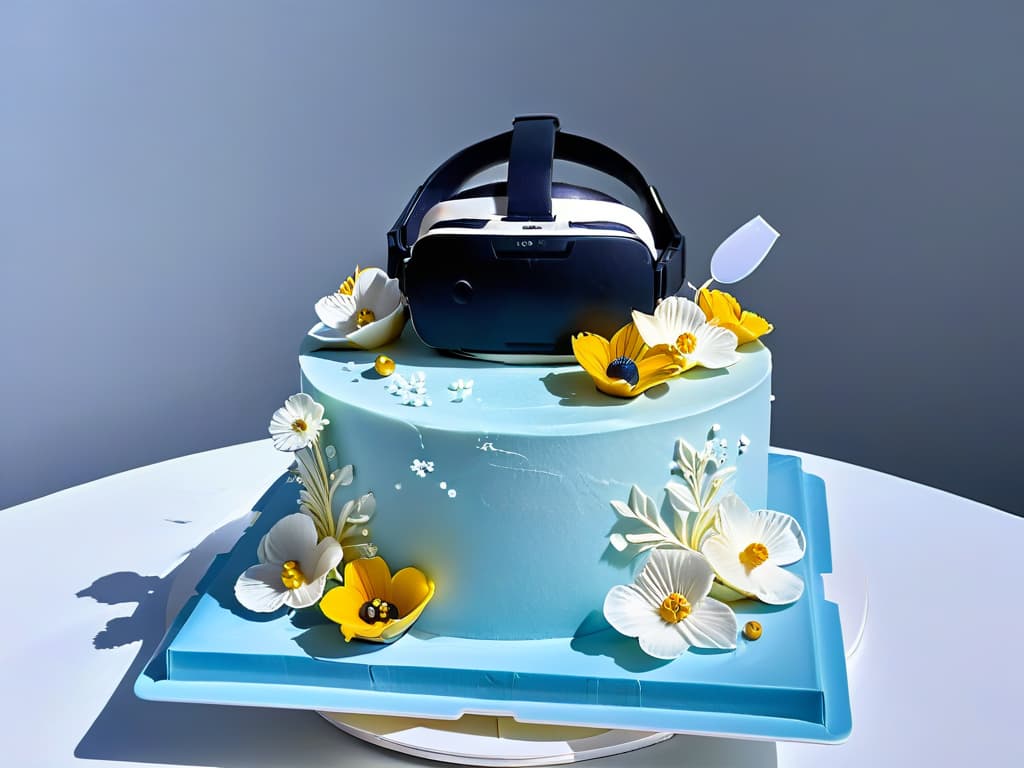  A closeup, ultradetailed image of a virtual reality headset hovering above a perfectly frosted, intricate threetiered cake adorned with delicate sugar flowers and metallic accents, set against a sleek, futuristic backdrop. The cake's vibrant colors and intricate details are sharply contrasted with the clean, modern lines of the virtual reality headset, symbolizing the fusion of traditional artistry with cuttingedge technology in the world of pastry arts. hyperrealistic, full body, detailed clothing, highly detailed, cinematic lighting, stunningly beautiful, intricate, sharp focus, f/1. 8, 85mm, (centered image composition), (professionally color graded), ((bright soft diffused light)), volumetric fog, trending on instagram, trending on tumblr, HDR 4K, 8K