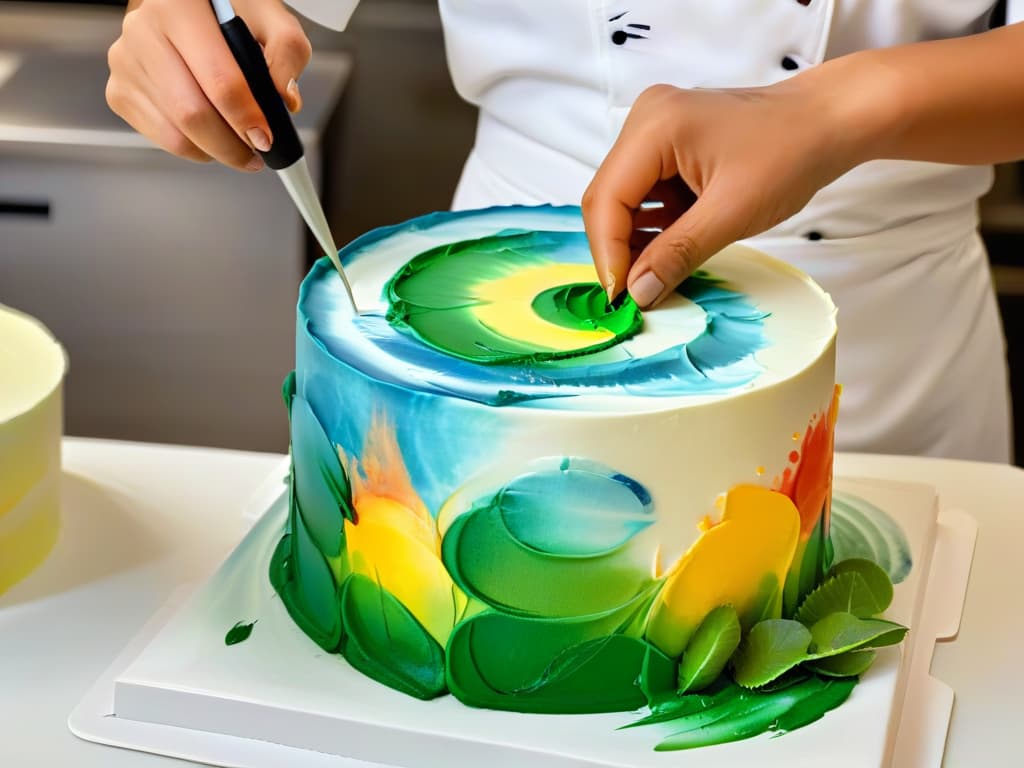  An intricate closeup image of a chef delicately airbrushing vibrant colors onto a perfectly frosted cake, capturing the precise moment when the edible paint swirls and merges to create a mesmerizing blend of hues. The focus is on the artist's hands, showcasing the skill and precision required for this advanced edible painting technique. The background is blurred, emphasizing the artistry and elegance of the process. hyperrealistic, full body, detailed clothing, highly detailed, cinematic lighting, stunningly beautiful, intricate, sharp focus, f/1. 8, 85mm, (centered image composition), (professionally color graded), ((bright soft diffused light)), volumetric fog, trending on instagram, trending on tumblr, HDR 4K, 8K