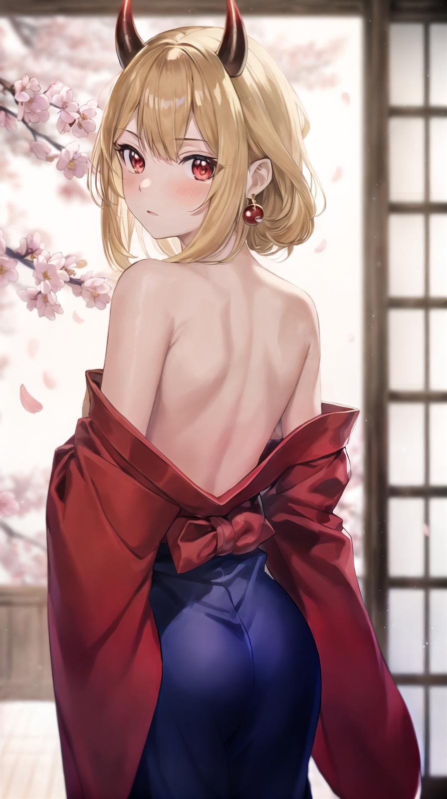  master piece , best quality,score 9, score 8 up, score 7 up, score 6 up, source anime, oni, kitagawa marin, oni horns, skin covered horns, japanese clothes, red kimono, solo, blonde hair, red eyes, cowboy shot, indoors, bare shoulders, from behind, looking back, blush, cherry blossoms, depth of field, masterpeice, best quality, very aesthetic, absurdres