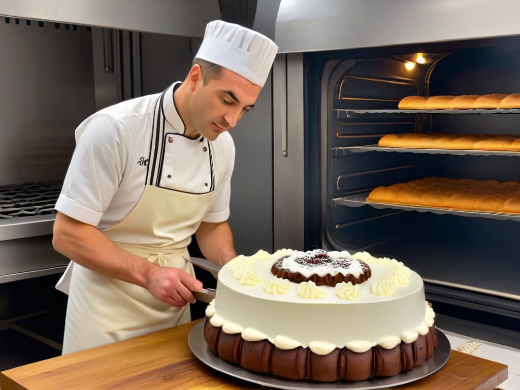  An ultradetailed image of a vintage bakery kitchen during World War II, showcasing a pastry chef meticulously crafting delicate pastries amidst the chaos of war. The chef is wearing a classic white uniform with a tall chef's hat, focused intently on piping cream onto a perfectly baked cake. The kitchen is adorned with simple yet elegant tools of the trade, such as copper mixing bowls, wooden rolling pins, and a vintage oven emitting a warm glow. The scene captures the juxtaposition of wartime austerity and the artistry of pastry making, conveying the resilience and creativity of bakers during challenging times. hyperrealistic, full body, detailed clothing, highly detailed, cinematic lighting, stunningly beautiful, intricate, sharp focus, f/1. 8, 85mm, (centered image composition), (professionally color graded), ((bright soft diffused light)), volumetric fog, trending on instagram, trending on tumblr, HDR 4K, 8K