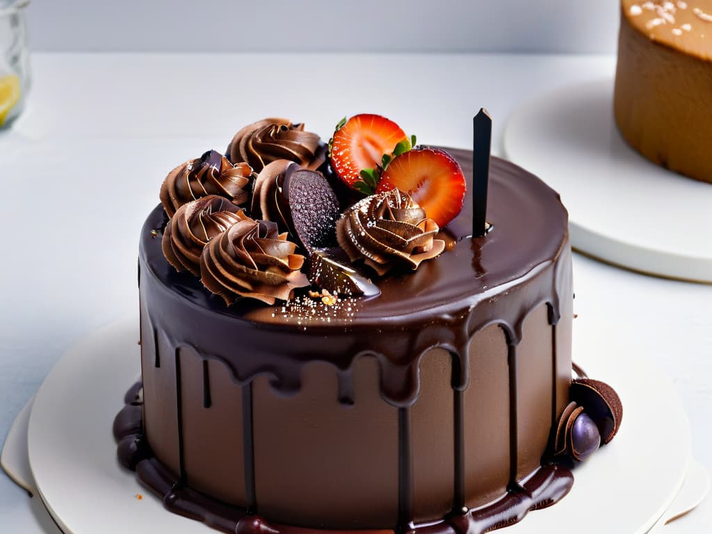  A closeup, ultradetailed image of a decadent dark chocolate ganache being delicately drizzled over a perfectly crafted chocolate cake, showcasing the glossy texture and rich, deep color of the luxurious dessert. The focus is on the intricate swirls of the ganache as they elegantly cascade down the sides of the cake, creating a visually striking and mouthwatering minimalist composition that perfectly embodies the sophistication and indulgence of using dark chocolate in modern pastry. hyperrealistic, full body, detailed clothing, highly detailed, cinematic lighting, stunningly beautiful, intricate, sharp focus, f/1. 8, 85mm, (centered image composition), (professionally color graded), ((bright soft diffused light)), volumetric fog, trending on instagram, trending on tumblr, HDR 4K, 8K