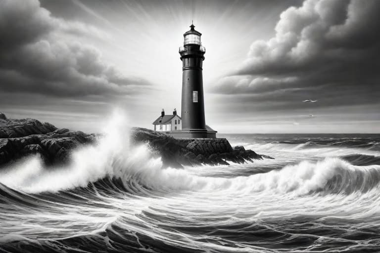  Design a nostalgic black and white drawing of a classic coastal lighthouse standing tall against the crashing waves. Convey the lighthouse's role as a beacon of safety and hope. hyperrealistic, full body, detailed clothing, highly detailed, cinematic lighting, stunningly beautiful, intricate, sharp focus, f/1. 8, 85mm, (centered image composition), (professionally color graded), ((bright soft diffused light)), volumetric fog, trending on instagram, trending on tumblr, HDR 4K, 8K